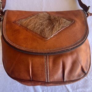 Leather Crossbody Bag with Haircalf Accent - Tan